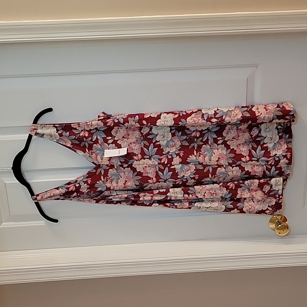 Loft red pink gray floral double v sleeveless dress small
